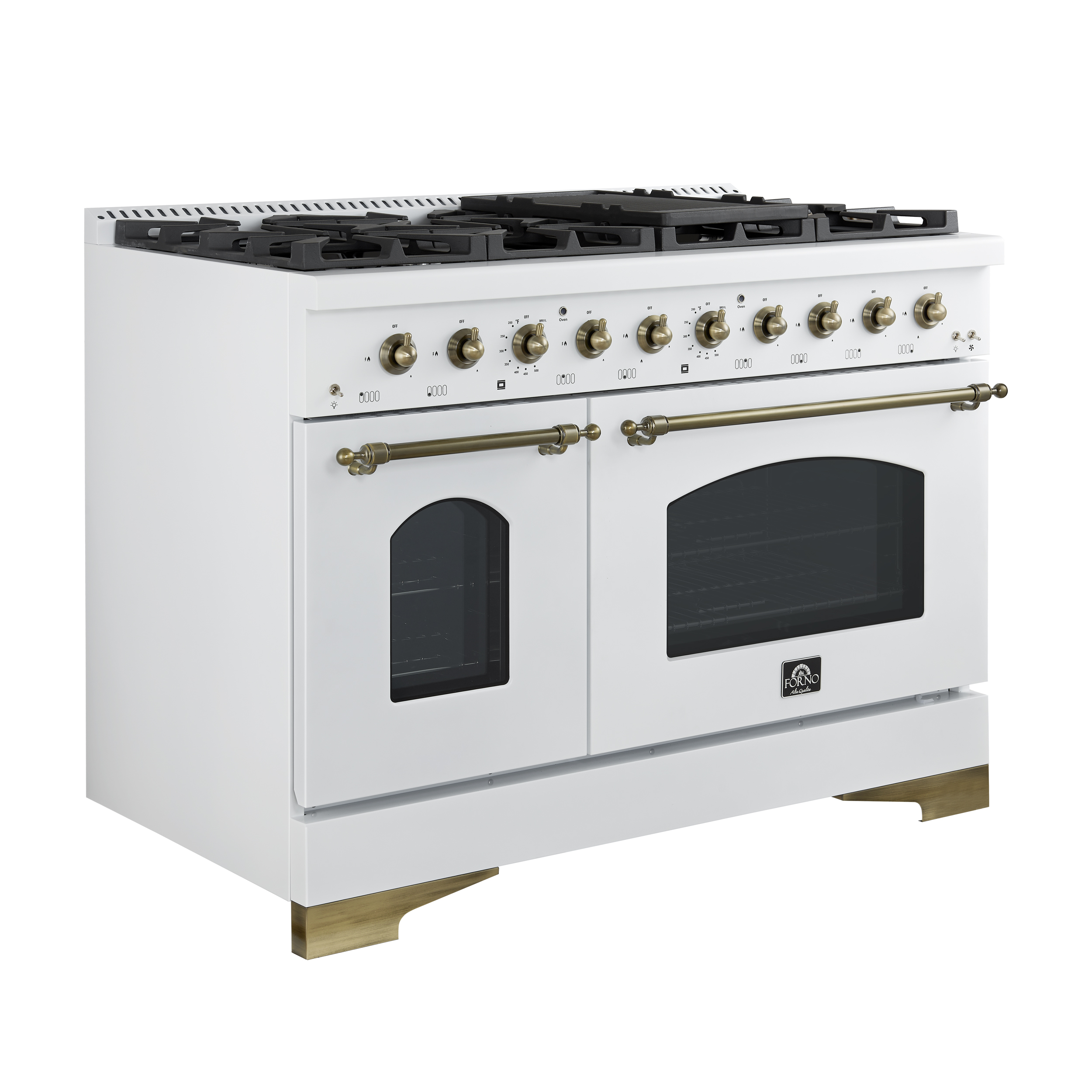 Forno Antico 48-Inch Dual Fuel Range, White with Antique Brass Finish, 8 Burners, 94,000 BTU, 5.5 cu.ft. Double Ovens  Griddle