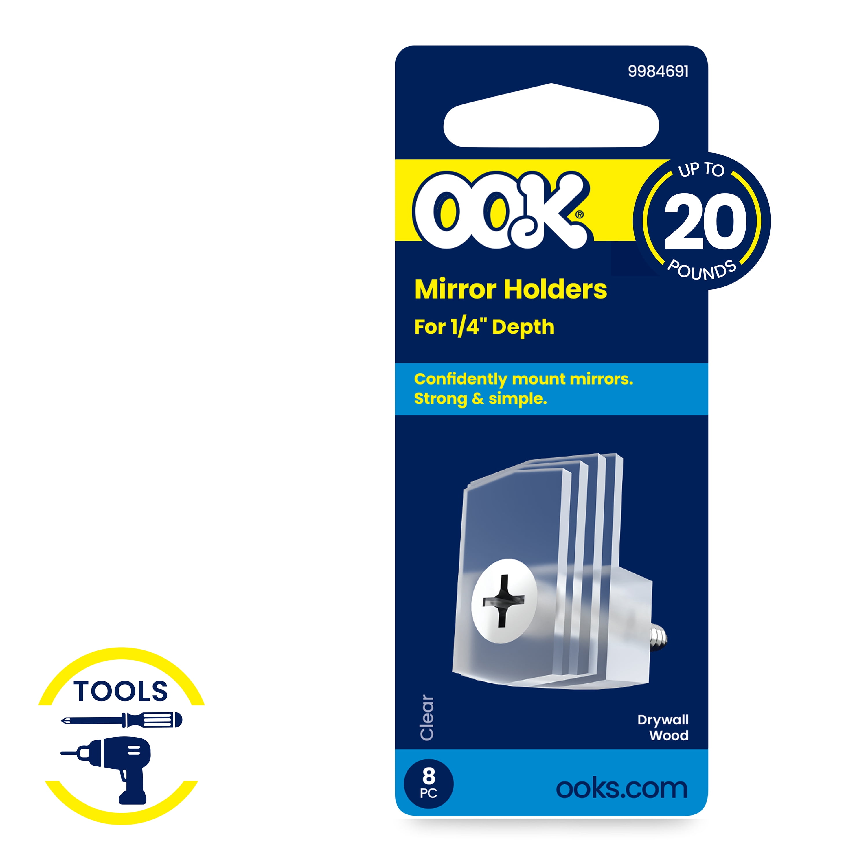 Ook Mirror Holders for 1/4" Depth, 20 lbs, Acrylic, Clear, Clear, 8 pack