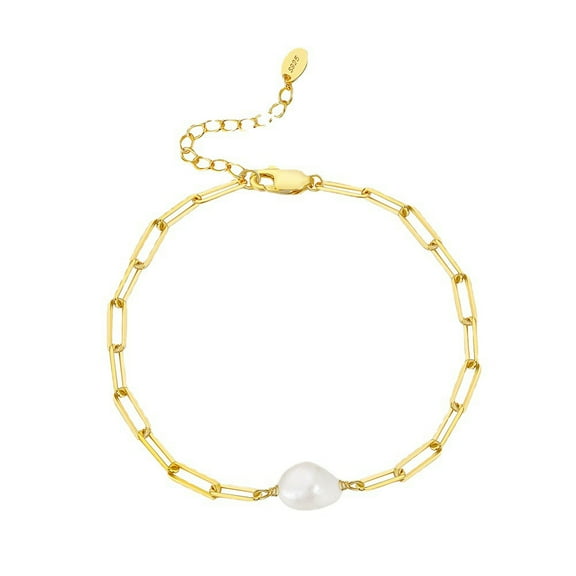 2pcs Natural Freshwater Pearls Bead Link Bracelets with Adjustable 925 Sterling Silver Paperchip Chain Bracelets for Women with S925 Stamp Real 14K golden Plated 7-1/8 inch(18cm)