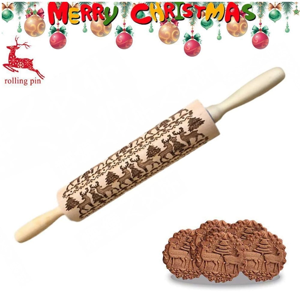 14" Christmas Baking Cookies Cake Wooden Embossing Rolling Pin Xmas Tree Roller 