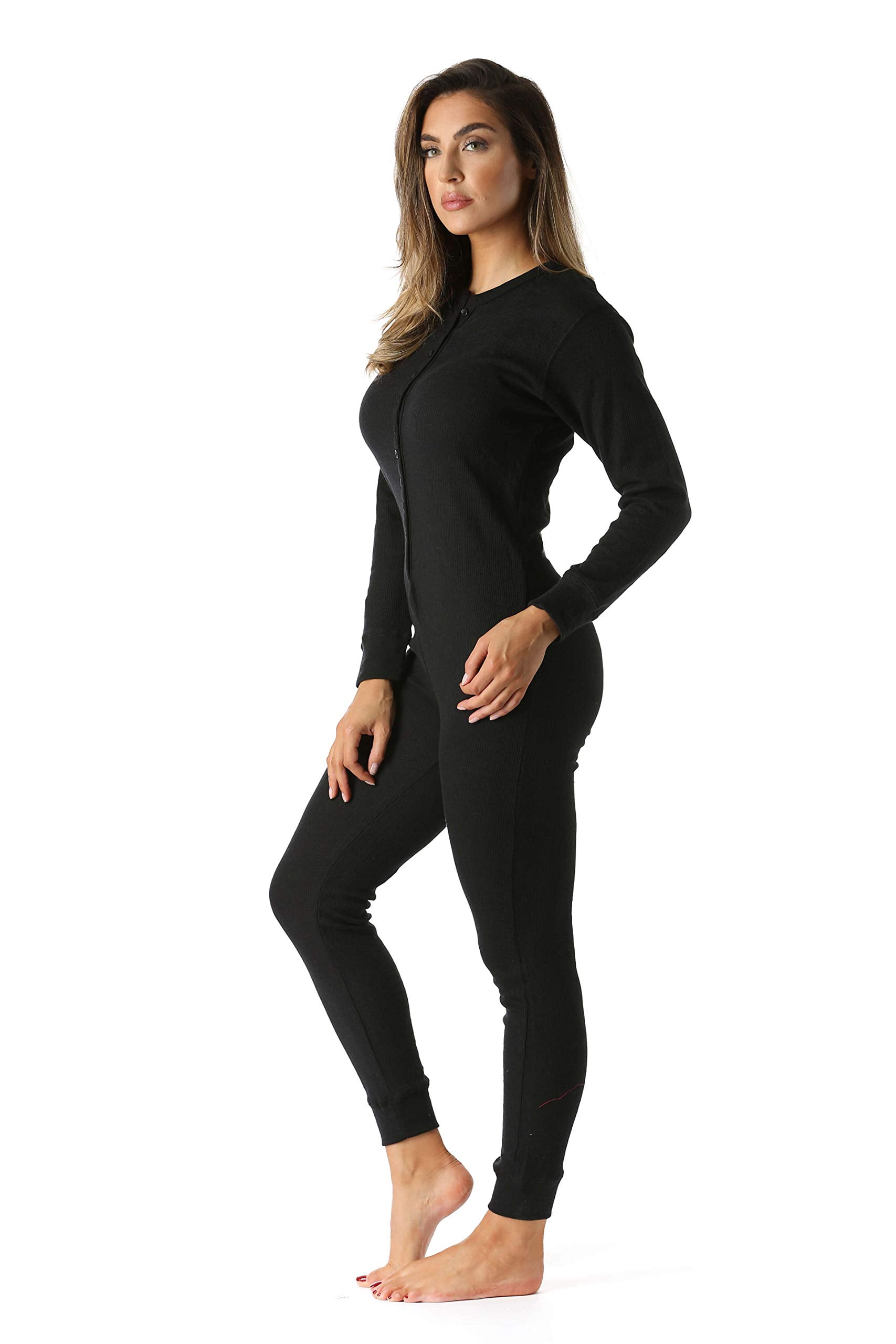 #followme Women's Thermal Henley Onesie - Soft and Cozy Union Suit for Winter Sleepwear and Lounging (Black, Small)