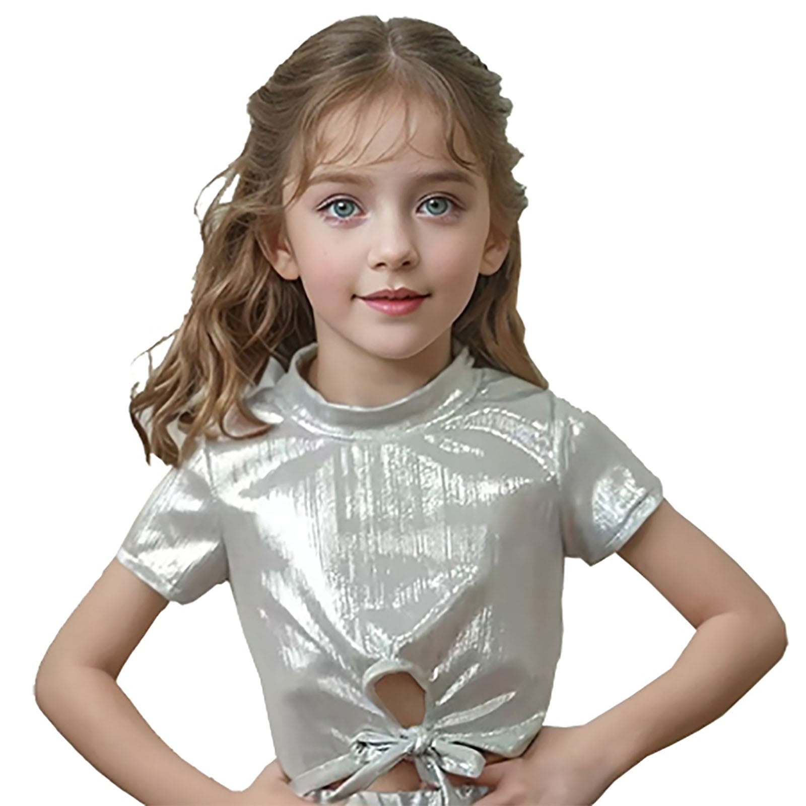 Fgnfyis Girls Tops Carnival Glitter Performance Shiny Metallic Dancewear Party Outfit Cute Summer Tops Silver 8-9 Years
