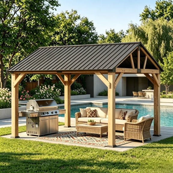 Dateyes 10' x 12' Outdoor Wood Gazebo, Hardtop Gazebo Permanent Wooden Pavilion with Galvanized Steel Gable Roof, for Patio, Garden, Deck, Cedar Wood
