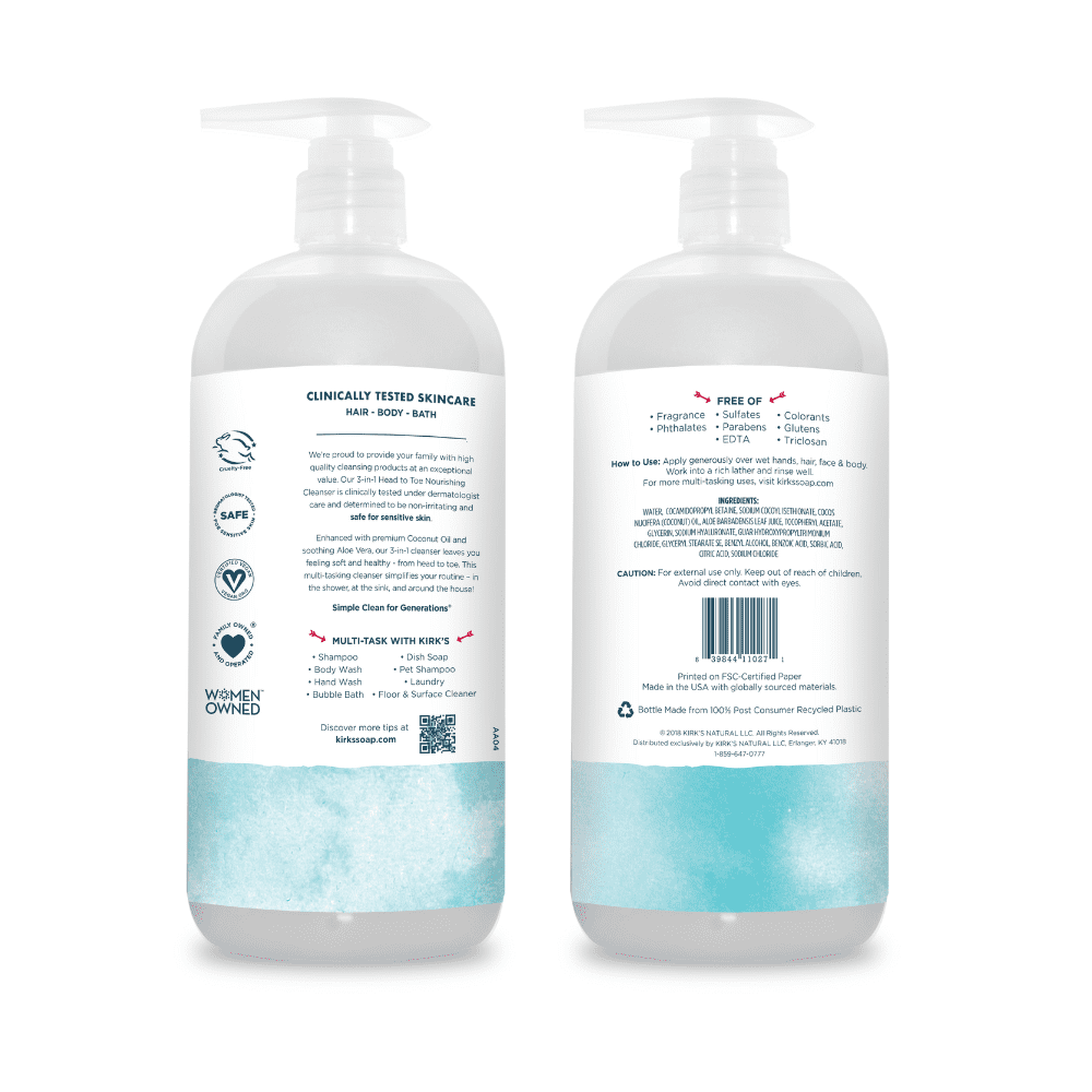Kirk's 3-in-1 Nourishing Cleanser - Made With Coconut Oil & Aloe Vera, Fragrance Free, 32 Fl Oz