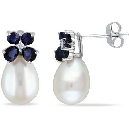 Tangelo 8-8.5mm White Rice Cultured Freshwater Pearl and 1-1/4 T.G.W. Sapphire with Diamond-Accent 10kt White Gold Flower Earrings