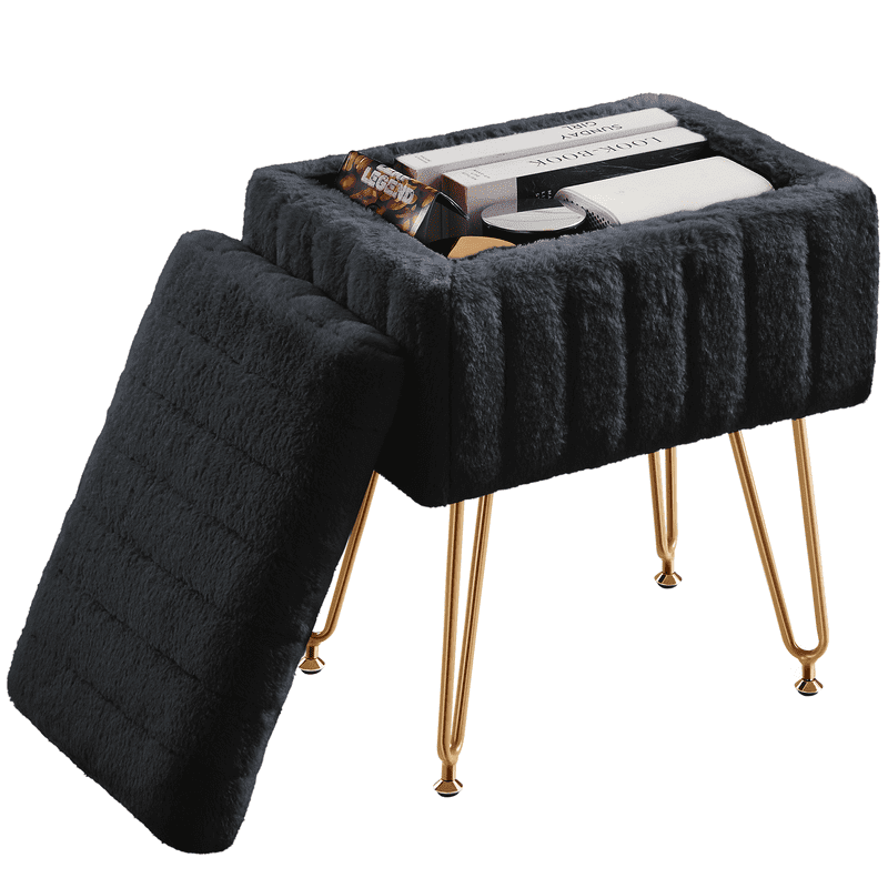 Gianna Square Ottoman with Storage, Makeup Cute Soft Small Footstool, Modern Style Faux Fur Seat with 4 Metal Legs & Adjustable Feet for Dressing, Living Room Bedroom Dorm, Black