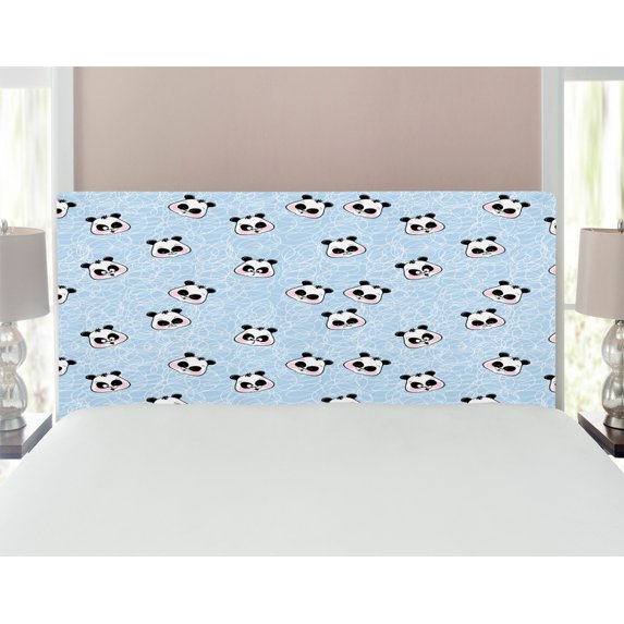 Panda Headboard, Muzzles Panda Illustration with Happy Sad Funny Surprised Faces Different Expressions, Upholstered Decorative Metal Bed Headboard with Memory Foam, Full Size, Black Blue, by Ambesonne