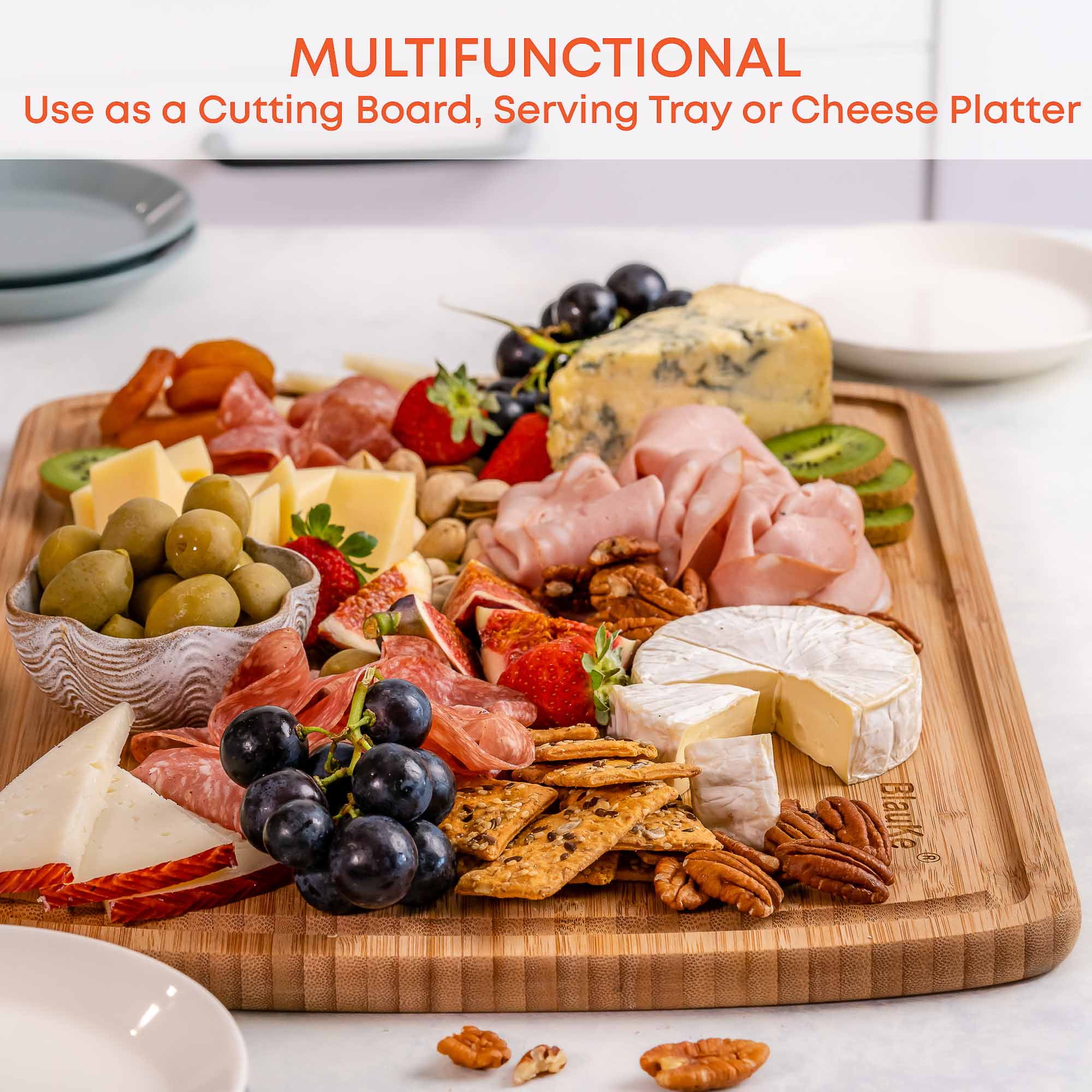 BlauKe® Wood Cutting Board for Kitchen – 18x12" Extra Large Bamboo Cutting Board with Juice Groove – Wooden Chopping Board, Serving Tray, Butcher Block