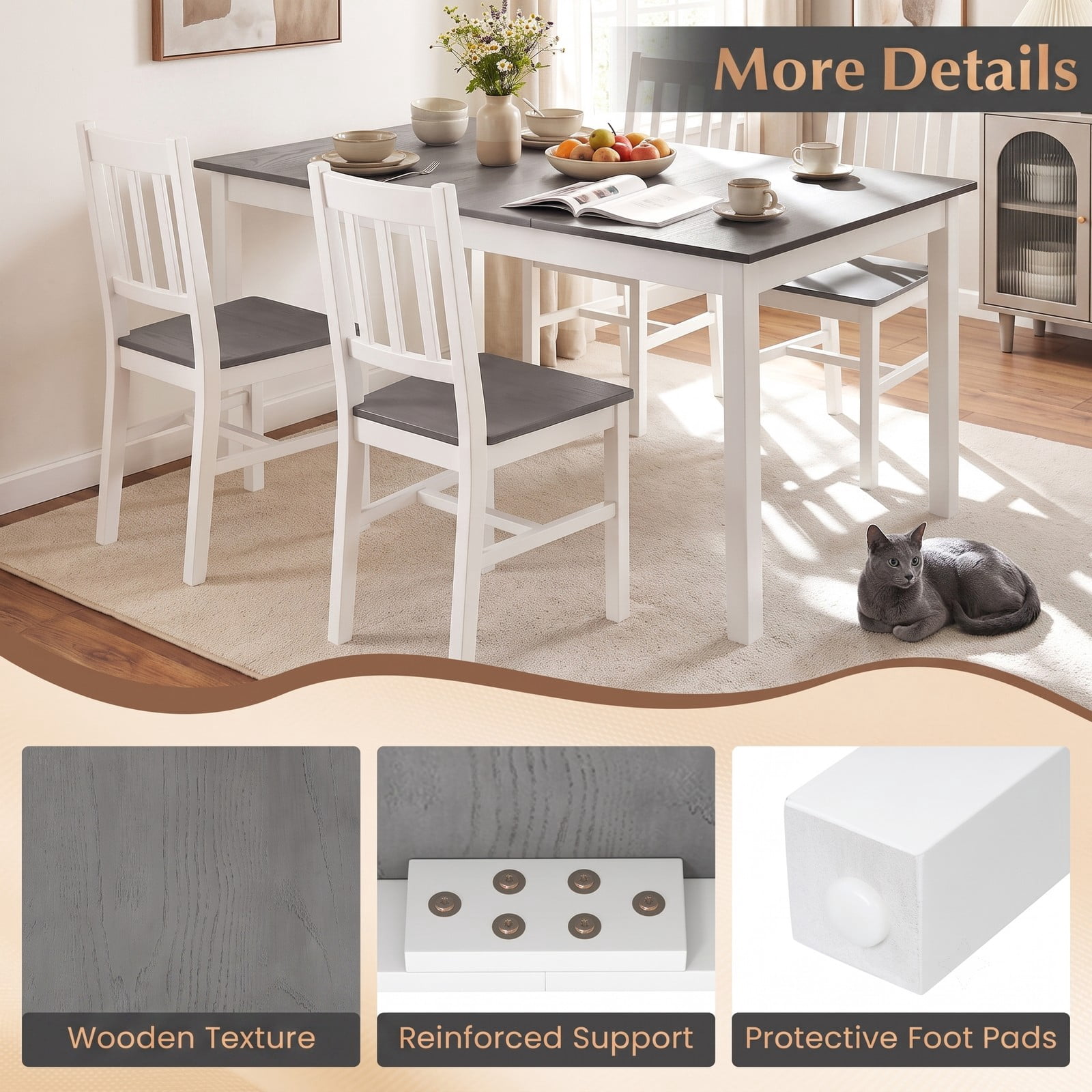 Furnibear 60 Inch Rectangular Dining Table for 6, Kitchen Dinner Table with Solid Rubber Wood Legs and Spacious Wood Grain Tabletop for Dining Room Restaurant, Gray