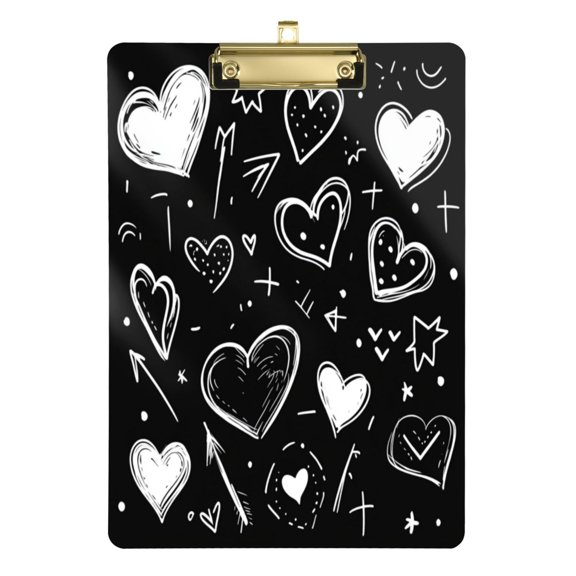 12.5" x 9" Acrylic Clipboard with Gold Metal Clip Office and Classroom Essential Heart on Black Background