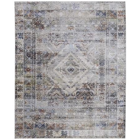 9' X 13' Gray Blue and Red Abstract Power Loom Worn Faded Area Rug
