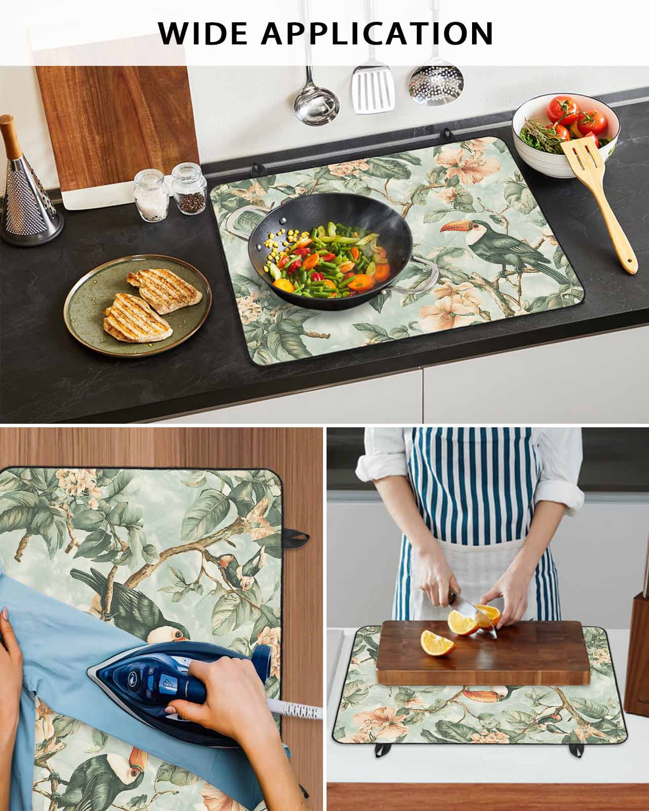 nqOlkjepod Large Induction Cooktop Protector Mat 24"x21", Flower Bird Stove Top Covers for Electric Stove, Pink Flower Green Palm Leaves Watercolor Stove Burner Cover Mats, Glass Top Stove Cover