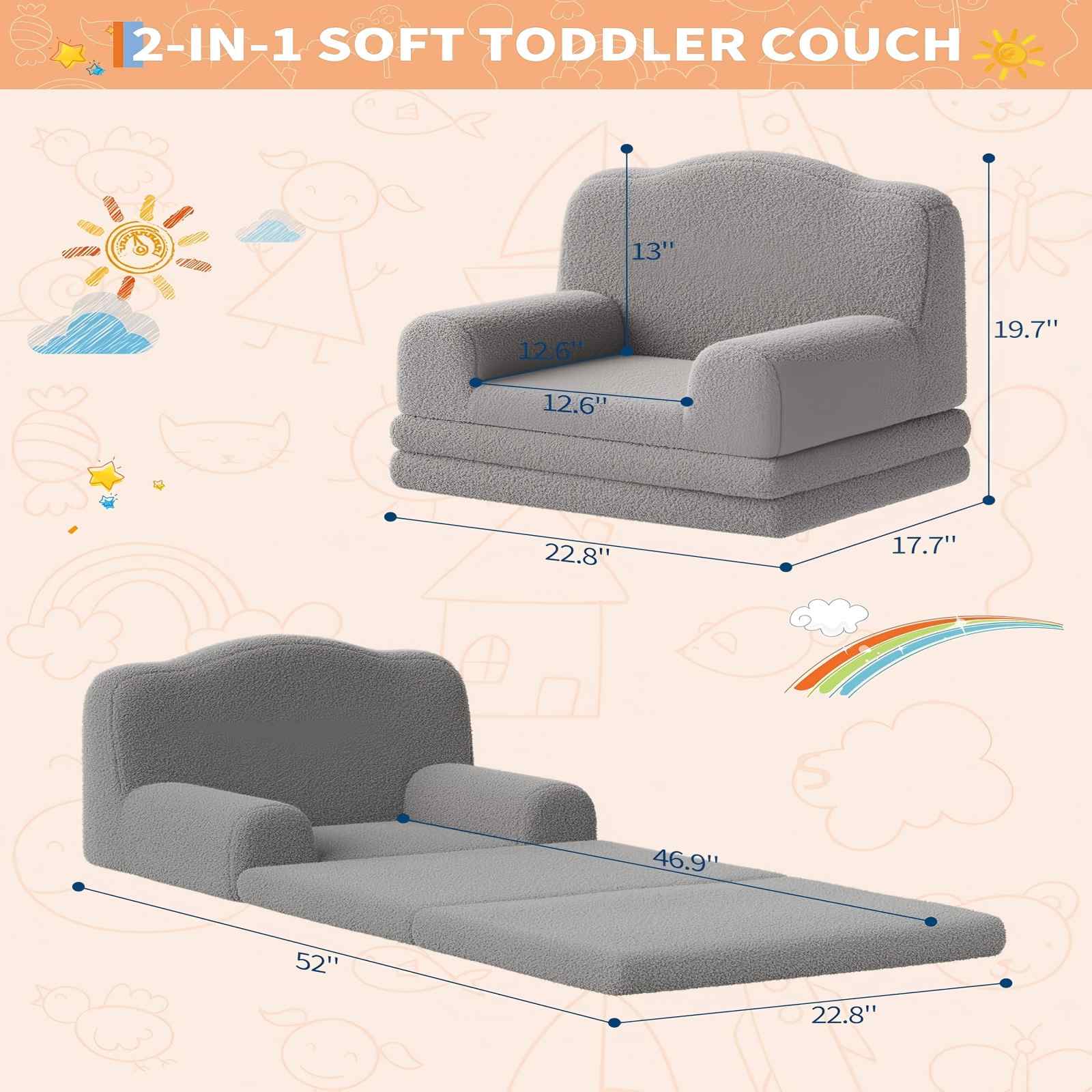 COZONY 2-in-1 Kids Couch, Convertible Toddler Sofa Chair, Fold-Out Teddy Fleece Lounger, Kid’s Sofa Bed