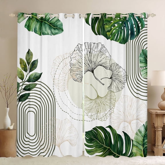 Manfei Boho Tropical Leaf Blackout Curtains, Mid Century Art Curtains Pack of 2 (42x84 Each), Green Beige White