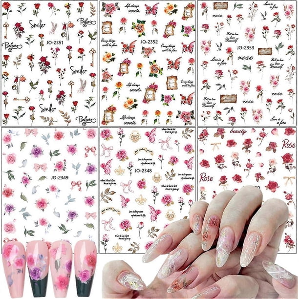 6 Sheets Flower Nail Art Stickers Decals Retro Rose 3D Self-Adhesive Nail Decals Spring Nail Stickers for Women Girls Designer Nail Accessories Vintag