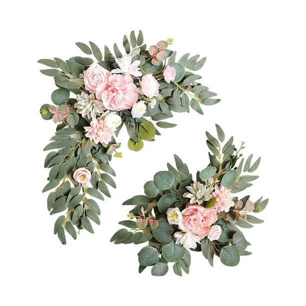 2x Corona artificial para boda, arco colgante de flores falsas para puerta, hojas verdes estilo R