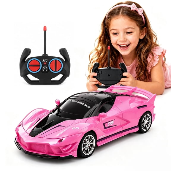 Funtogether Toys Pink Remote Control Car for Girls, 1:18 Scale RC Toy Car with LED Headlights, Birthday Gift for Girls Ages 3-12