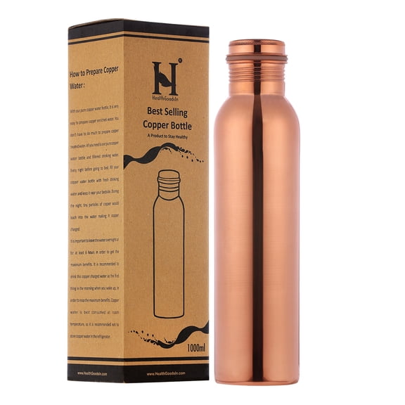 Pure Copper Water Bottle UNLINED, UNCOATED and LACQURE FREE for Ayurvedic Health Benefits, 1000 Ml (33.81 Fl Oz)…