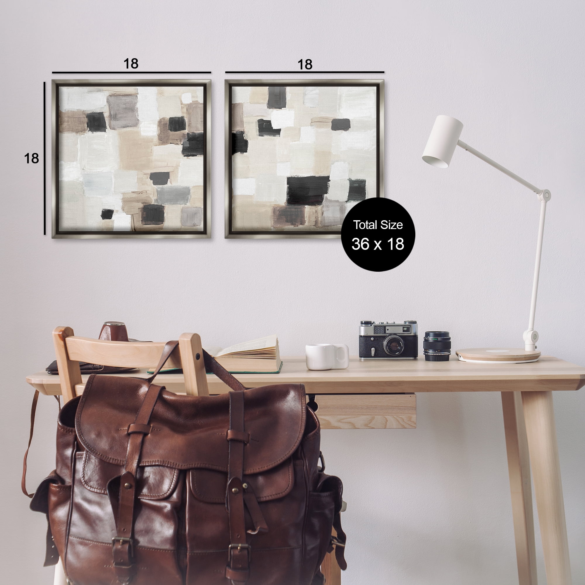 Stupell Industries Neutral Patchwork Squares Abstract Painting Gray Floater Framed Canvas Art Print Wall Art, 18 x 18, Set of 2