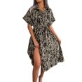 thumbnail image 2 of Women'S Summer Short Sleeve Work Dresses Tie Waist Button Down Print Midi A-Line Shirt Dress Dark Khaki M, 2 of 10