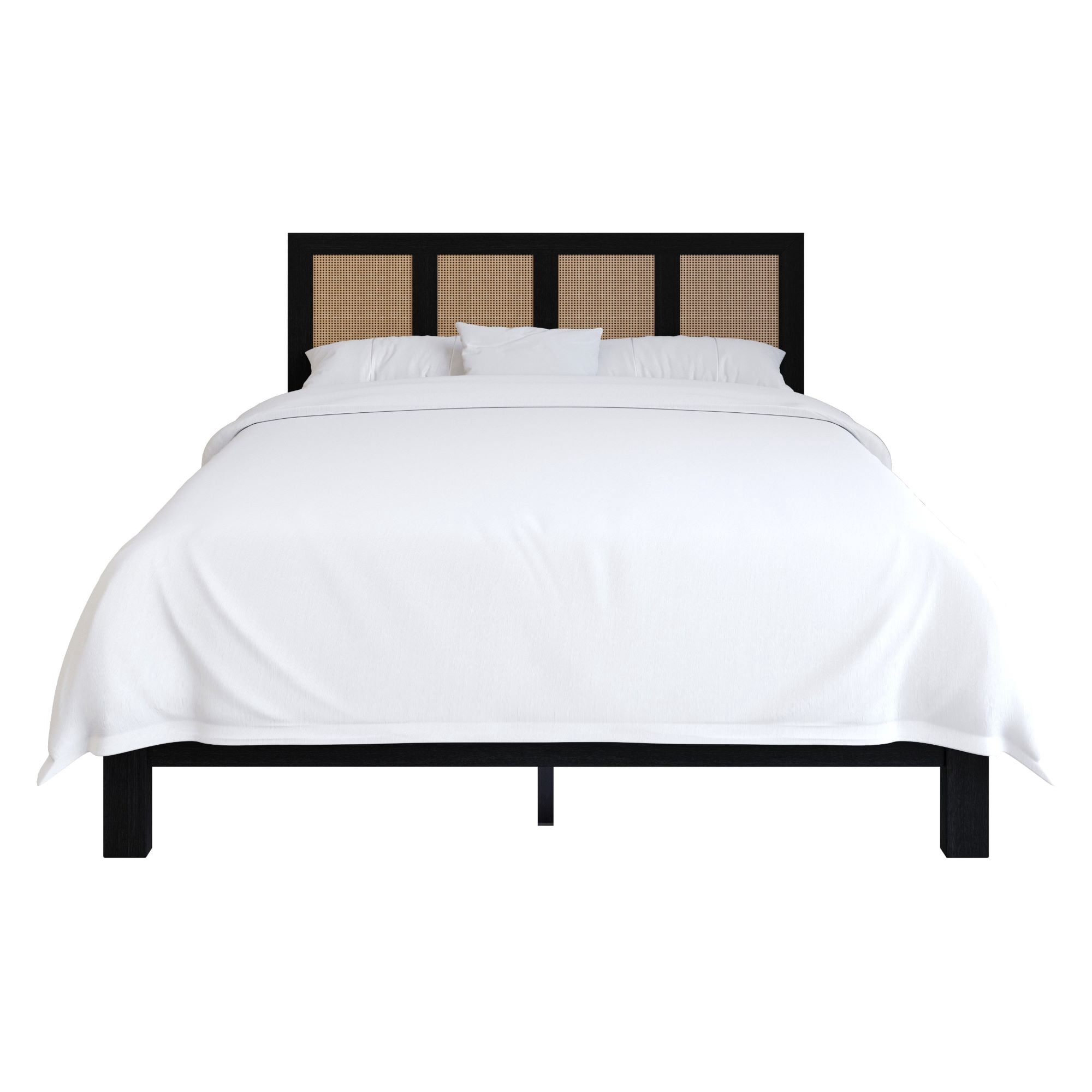 Home Design Missoula Twin Wood Panel Bed Frame with Rattan Accents, Black – Box Spring Required