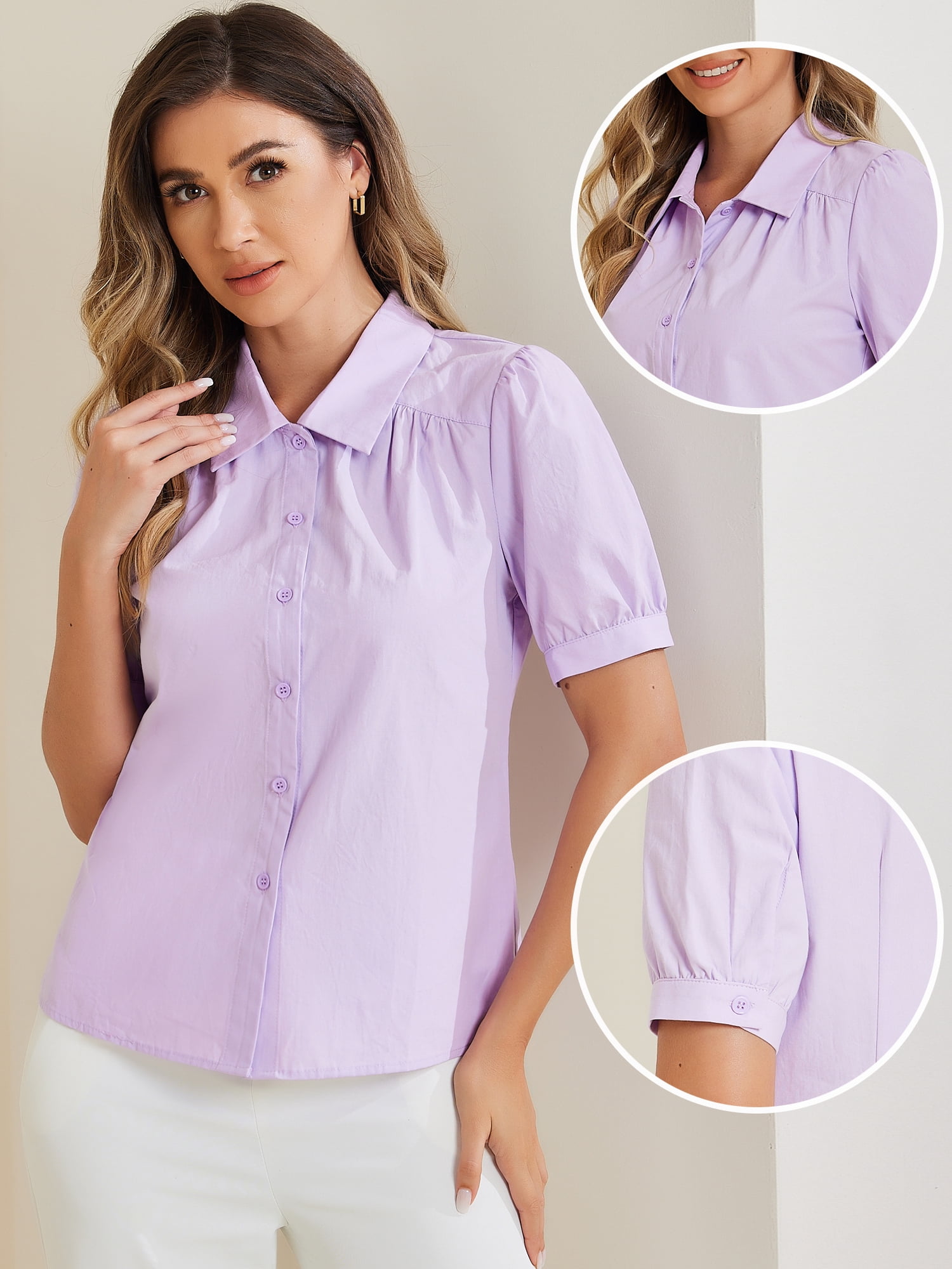 DARING DIVA Women's Cotton Top Puff Short Sleeve Button Front Shirt L Purple
