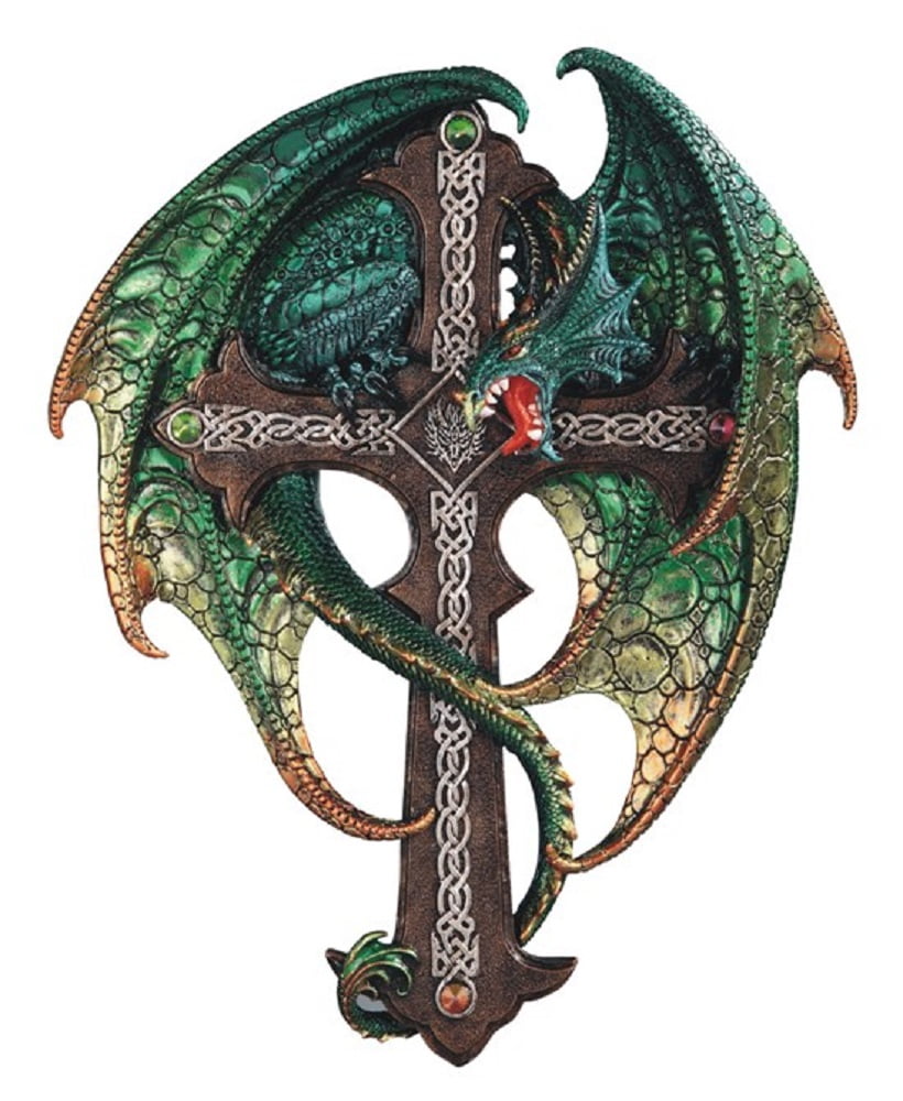 Green Dragon on Cross with Gems Medieval Fantasy Wall Plaque Home ...