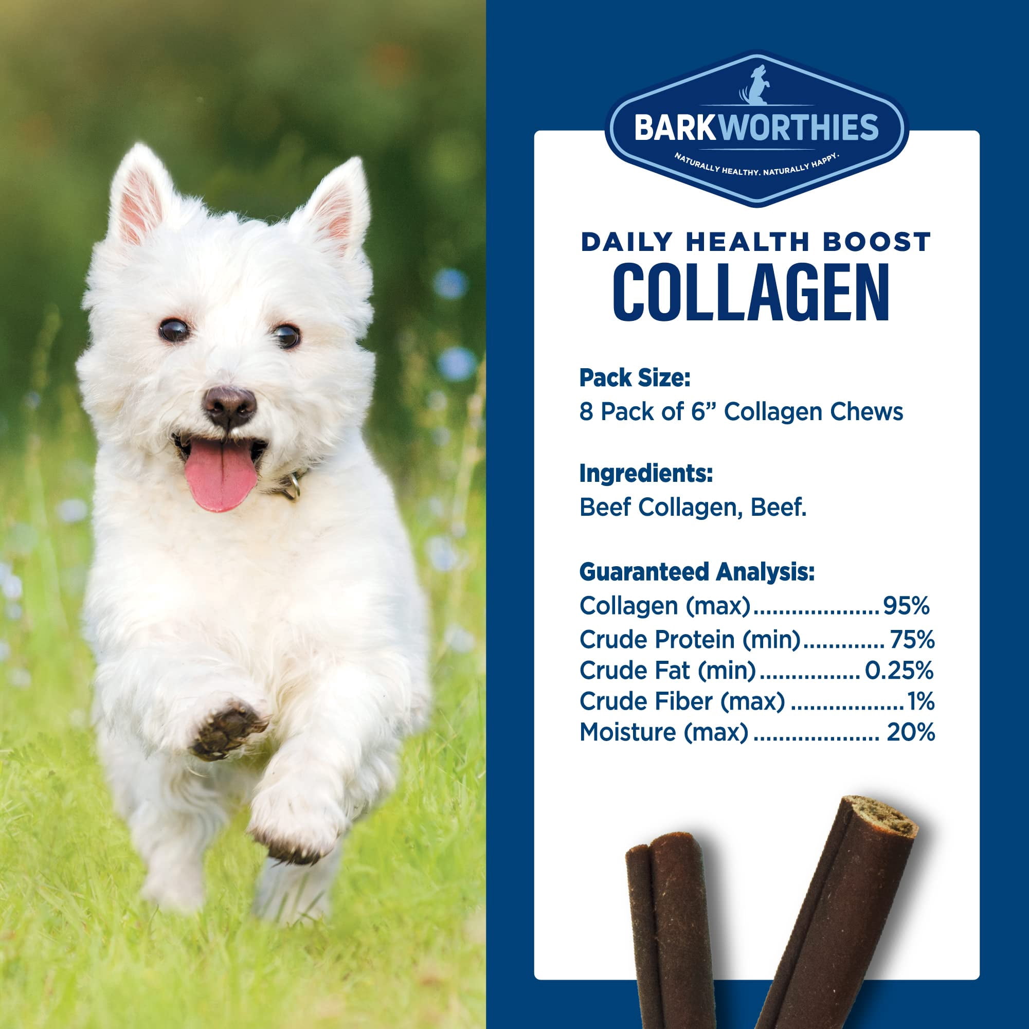 Barkworthies Plain Collagen Stick MMF7&nbsp;Dog Treats, 6-Inch, 8-Count