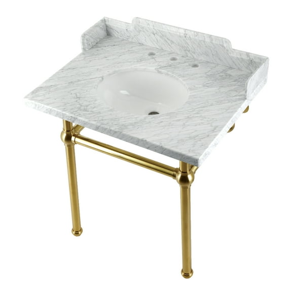 Kingston Brass LMS3030MB7 Pemberton 30" Carrara Marble Console Sink with Brass Legs (8-Inch, 3-Hole), Carrara Marble White/Brushed Brass