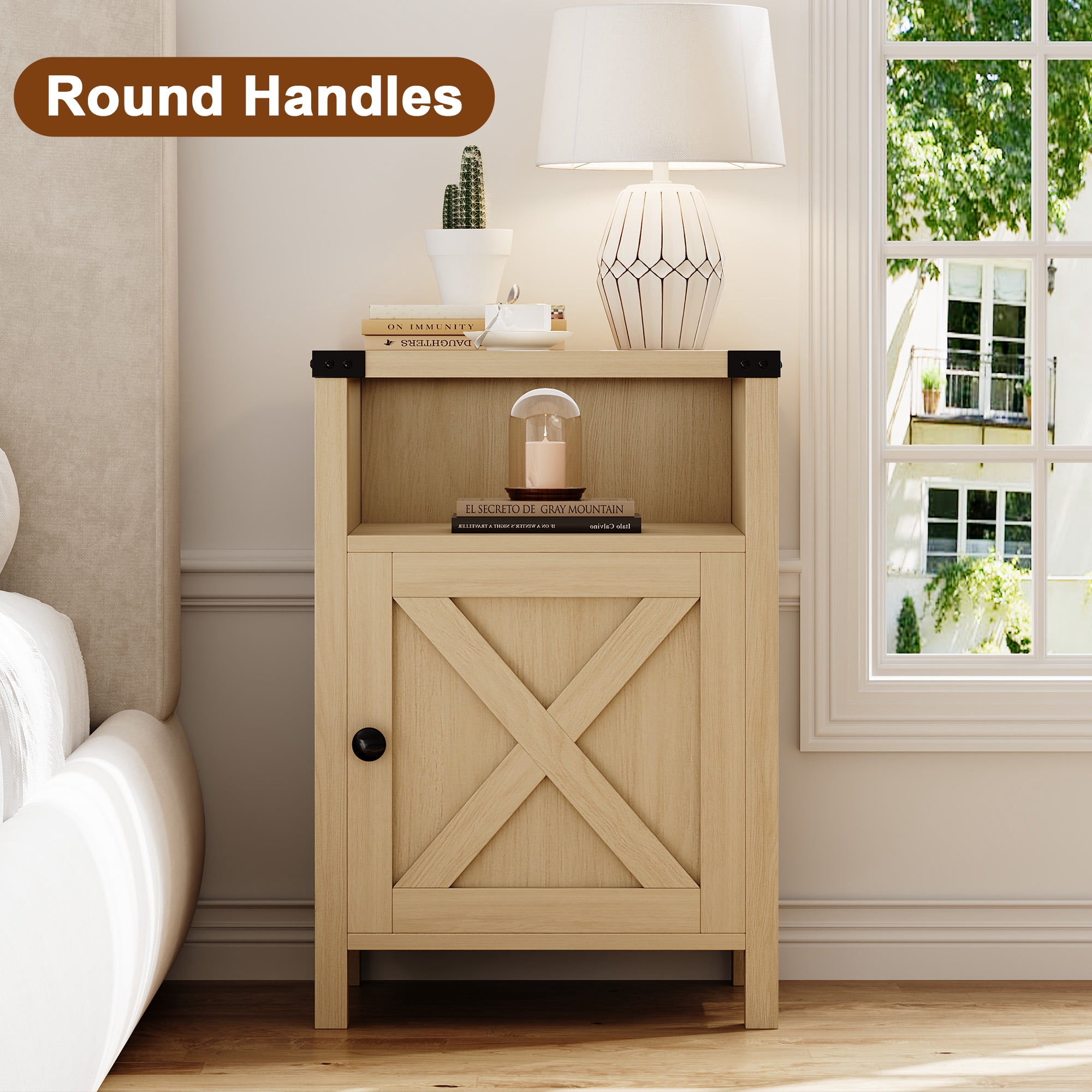 4 EVER WINNER Minimalist Barn Door Side Table, Light Oak Storage End Table, Compact Accent Table for Balcony & Kids’ Room