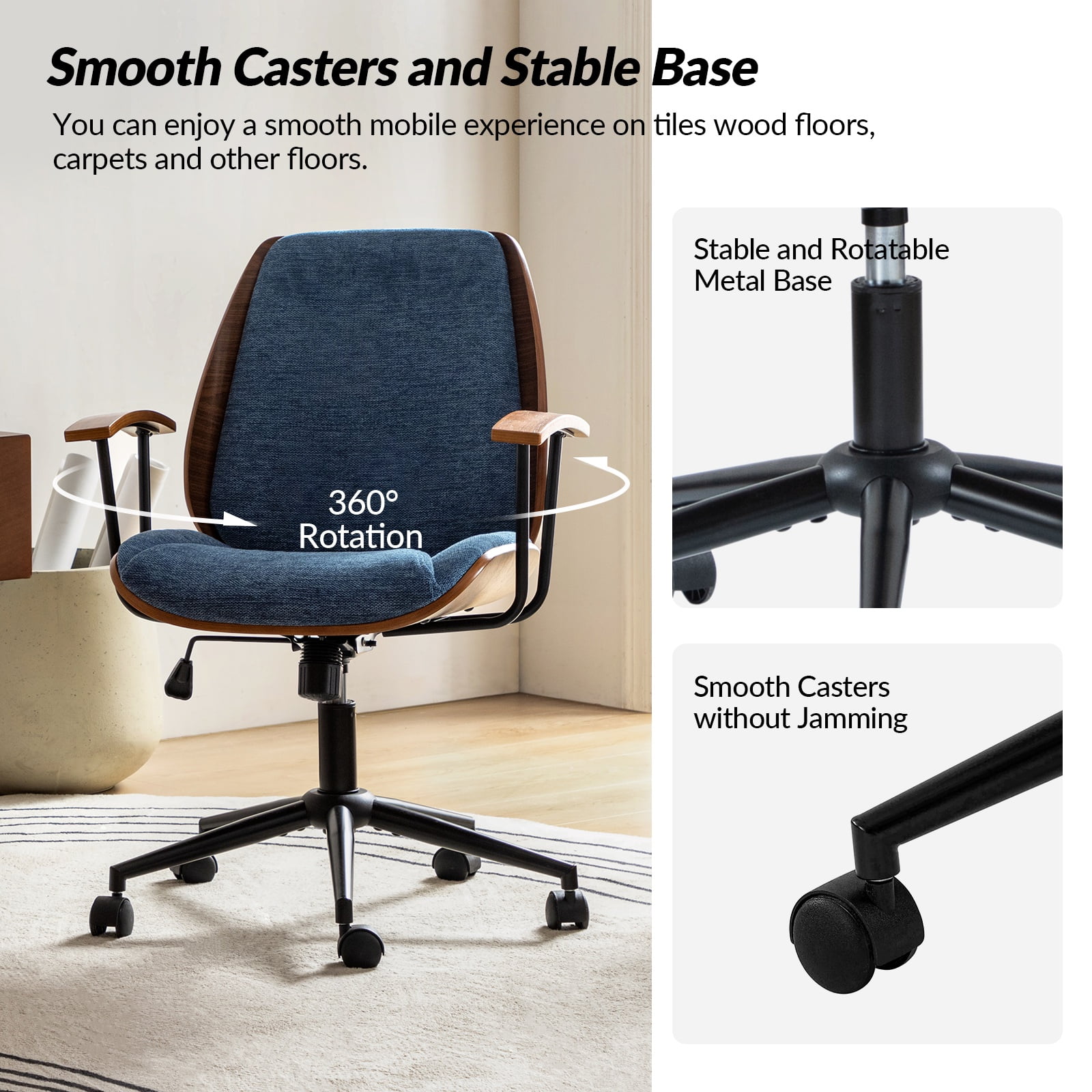 Ergonomic Adjustable Swivel Office Chair with Solid Wood Backrest and Premium Comfort Navy Cushion for Home Workplace