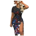 thumbnail image 2 of Wycnly Womens 4th of July Dresses Slit Drawstring Bodycon Independence Day Patriotic Midi Dresses Casual Star Print Crewneck Short Sleeve Knee-Length Summer Dress Black s, 2 of 5