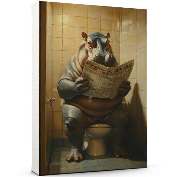 Funny Bathroom Wall Art - Hippopotamus Sitting On The Toilet Reading Newspaper Poster Print, Animal Canvas Decor Pictures Decorations 1270CA31