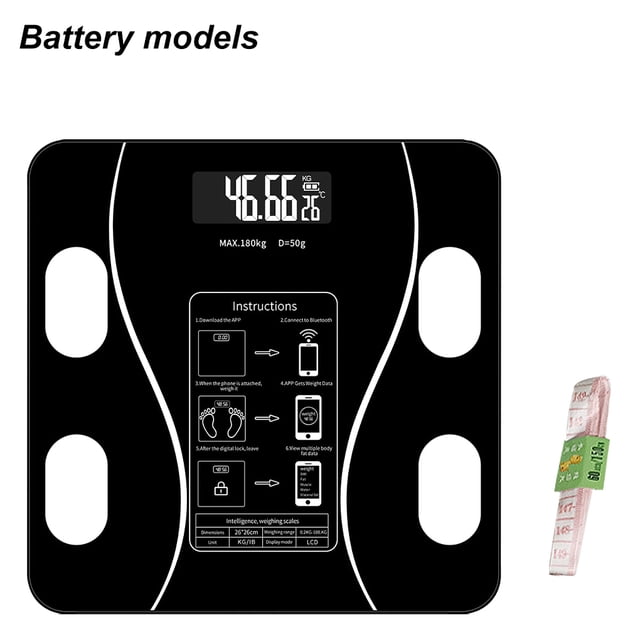 Riwesomey Báscula inteligente para baño con Bluetooth, de grasa corporal, báscula de peso Digital, aplicación inalámbrica, equilibrio de Medidores de medidas dimensionales Negro Batería