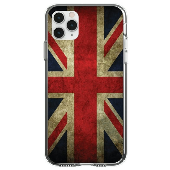 DistinctInk Clear Shockproof Hybrid Case for iPhone 13 PRO (6.1" Screen) - TPU Bumper, Acrylic Back, Tempered Glass Screen Protector - Red White Blue British Flag Old - Show Your Love of the UK