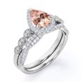 thumbnail image 4 of JeenMata Art Deco Filigree Milgrain - 1.5 Carat Almond Shaped Peach created morganite and Moissanite - Halo Pave Crossover Wedding Set - 18K White Gold Plating over Silver, 4 of 6