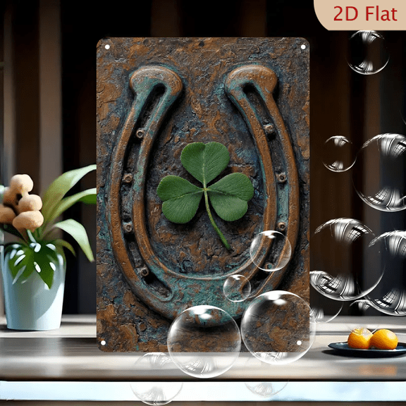 Vintage Irish Celtic Tin Wall Art Decor - 8x12 Rustic Horseshoe Four-Leaf Clover Decorative Signs & Plaques for Home, Coffee Shop - St Patrick's Day Decoration, Country Style, Easy to Ha