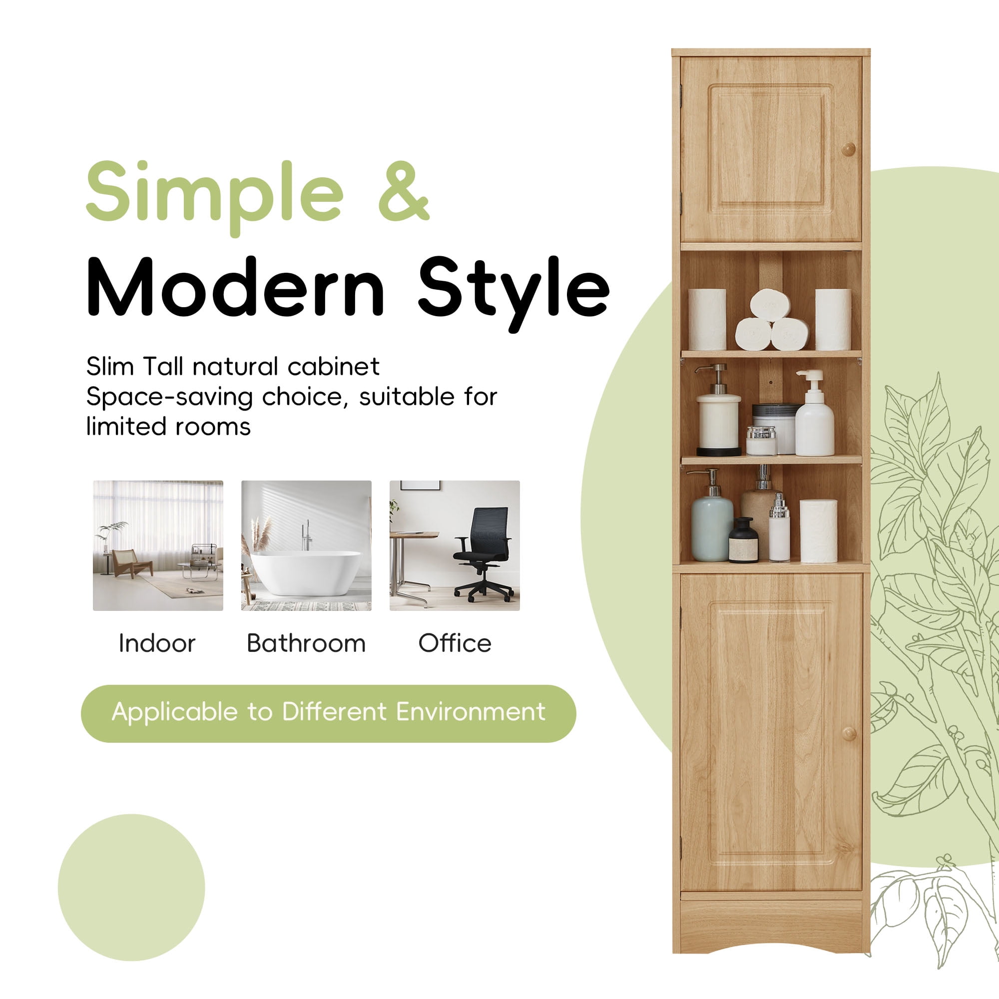 Leumius Multi-Functional Corner Bathroom Storage Cabinet with Two Doors, Adjustable Shelves, Open Shelf, Triangle Space-Saving Design, Natural Finish