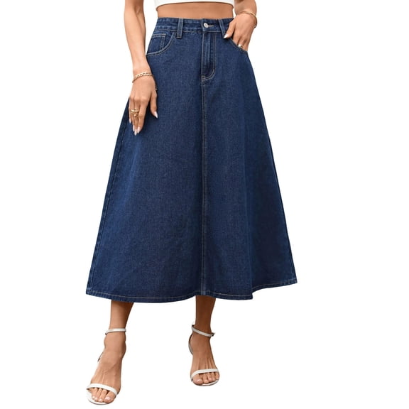 Ruimatai Womens Denim Maxi Skirt High Waist Front Button Pocket A-Line Light Flowy Loose Casual Vintage Daily Skirt