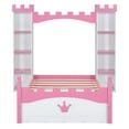 thumbnail image 3 of Bellemave Twin Size Platform Bed with Castle-shaped Storage Shelves and Crown Pattern Footboard Dreamy Princess Bed Frame With Built-in Storage Bookshelf (Twin, White+Pink), 3 of 10