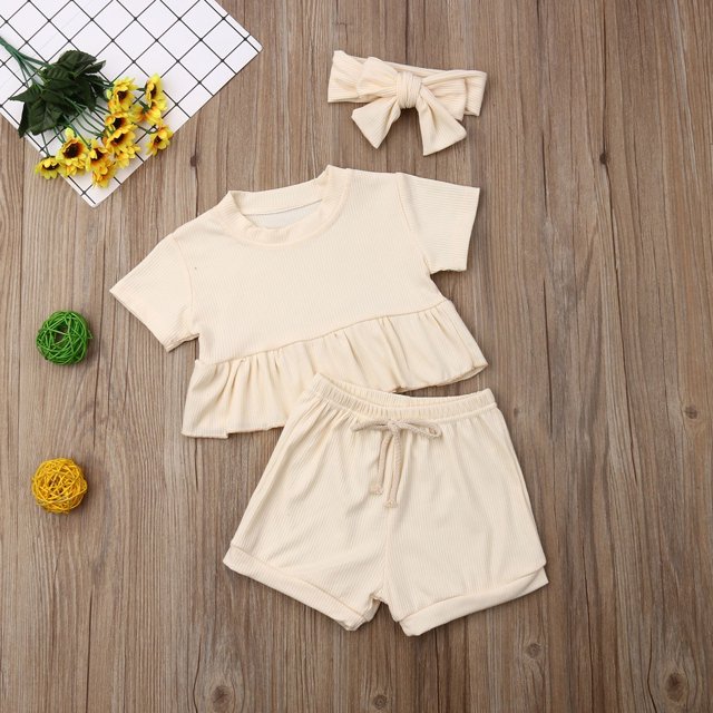 Newborn Kid Toddler Boy Girl Summer Clothes Ruffles Tops Shorts 3PCS Outfits Set