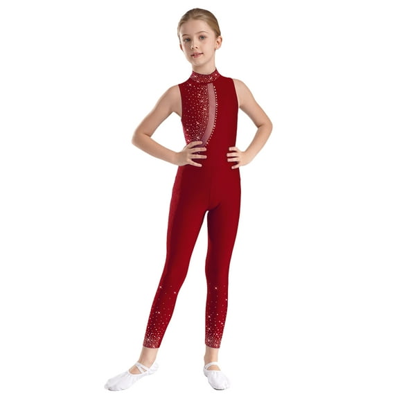 RUNQHUI Kids Girls Unitard Shiny Sleeveless Gymnastics Leotard Active Catsuit Dance Bodysuit Ballet Dancewear Burgundy 10