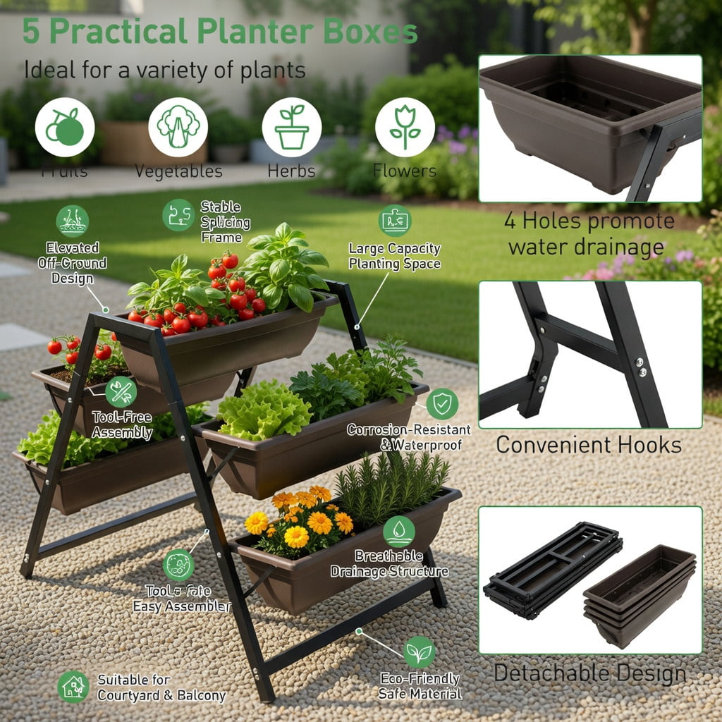 Topcobe 3-Tier Vertical Raised Garden Bed with 5 Plant Boxes, Vertical Garden Planter Outdoor