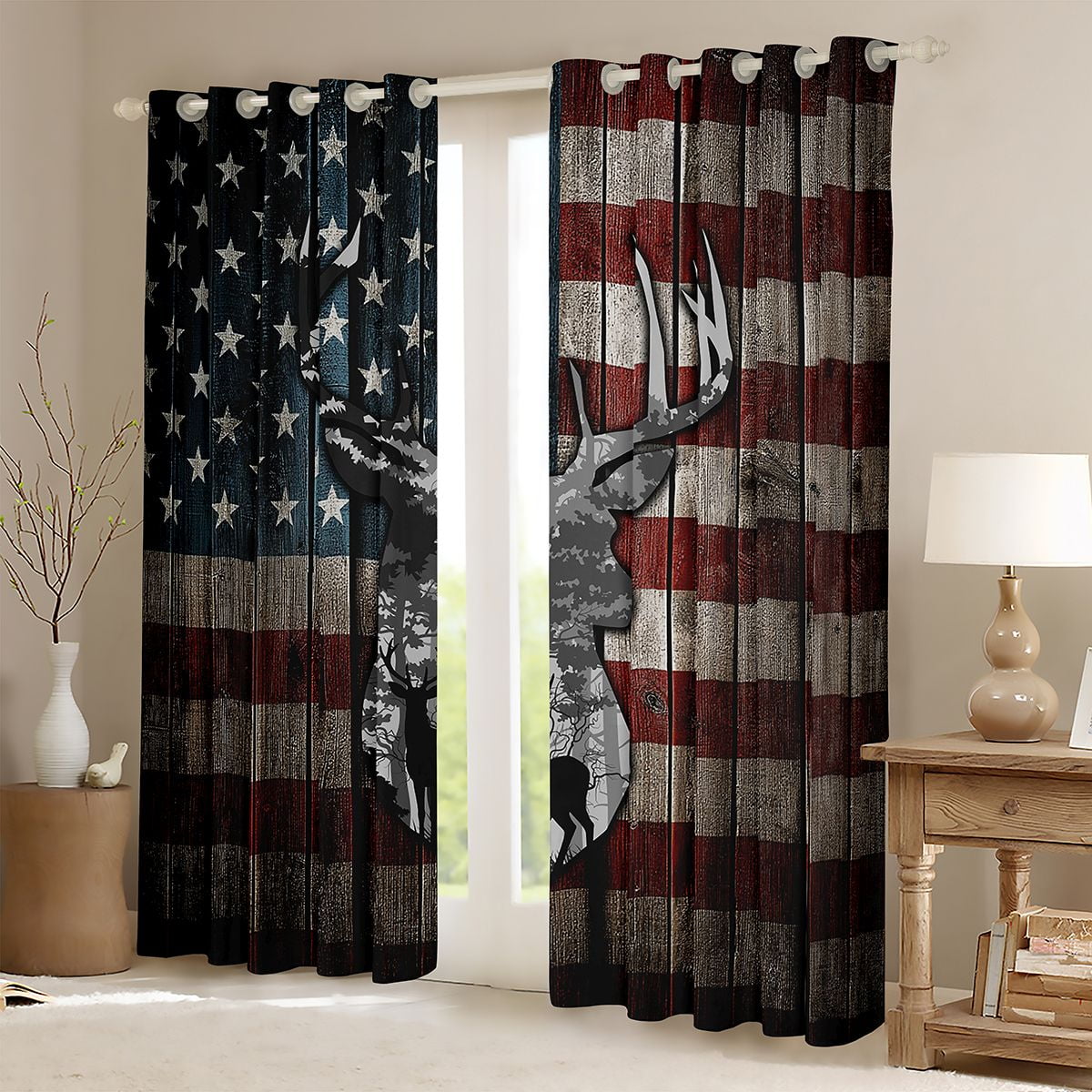 jejeloiu Wild Animal Deer Black Out Curtains,Rustic Farmhouse Cabin Curtains Pack of 2 (42x63 Each),Retro American Flag 03 For Kids