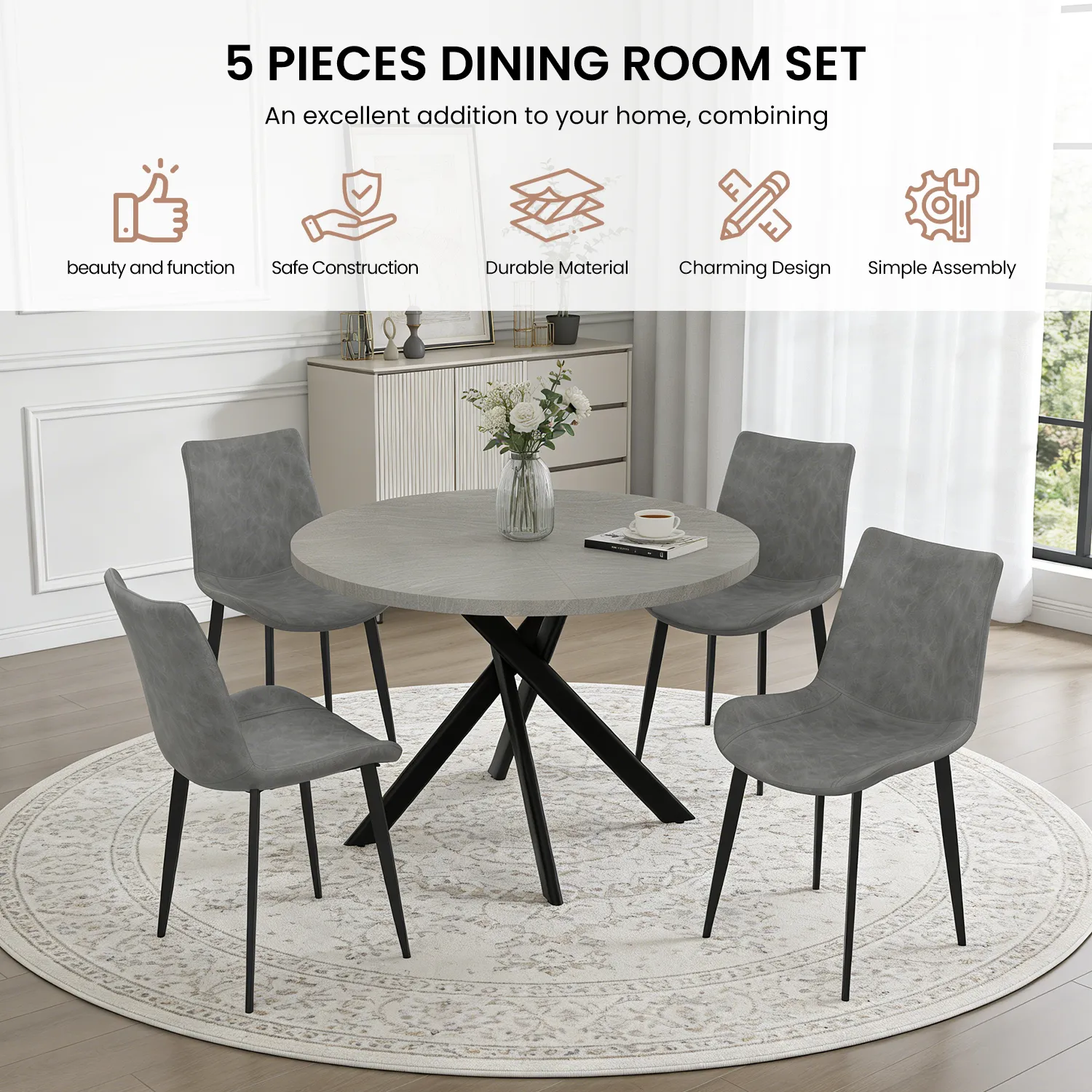 43.5" Round Dining Table for 4, Space Saving Kitchen Table with Metal Legs, Mid Century Modern Dining Table for Dining Living Room Apartment Small Space