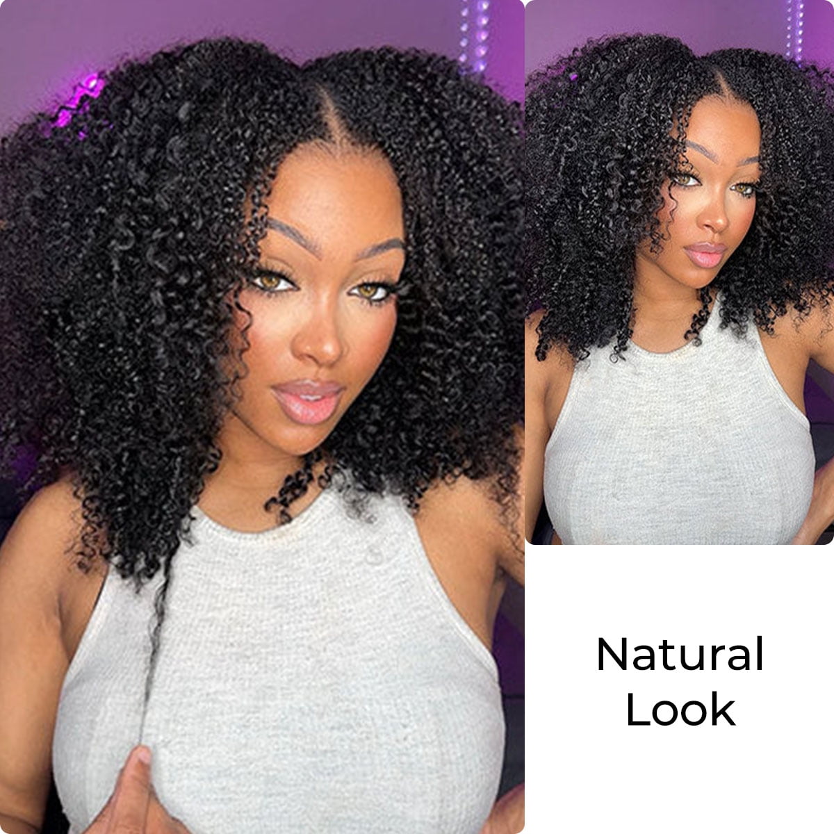 Wear & Go Glueless Straight/ Kinky Curly V Part Wig No Leave Out Thin Part Human Hair Wigs for Beginner Protective Style - Natural Black #1b