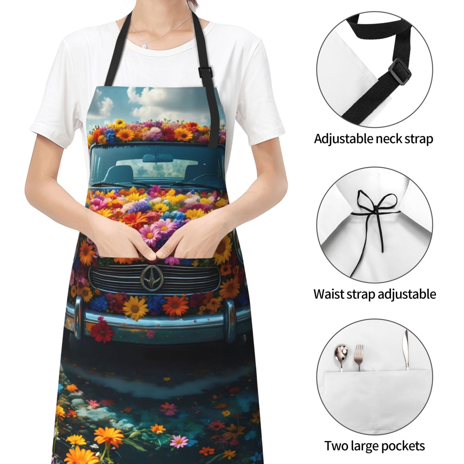 Kdxio Flower Covered Vintage Car Apron with Pockets Adjustable Kitchen Aprons for Men Women Waterproof Aprons for Cooking,Drawing,Crafting, Baking Household Cleaning