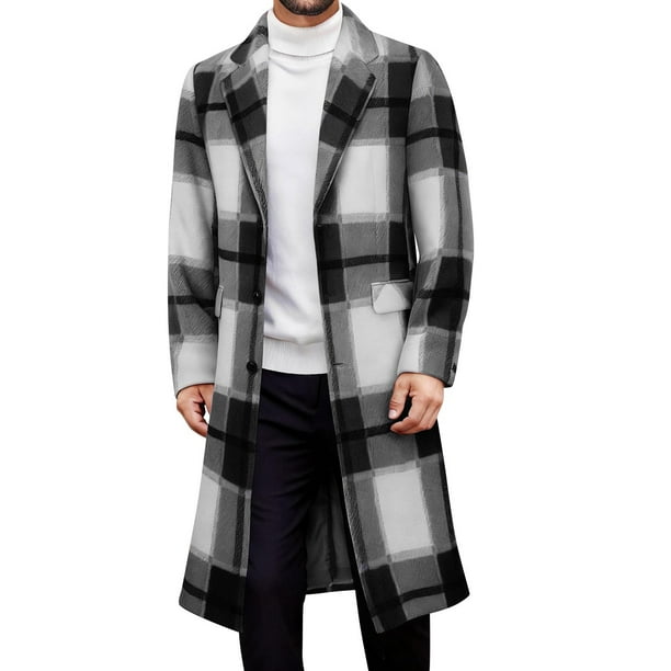 Kalauyu Men's Casual Notched Collar Plaid Single Breasted Wool Blend Formal Trench Top Coat