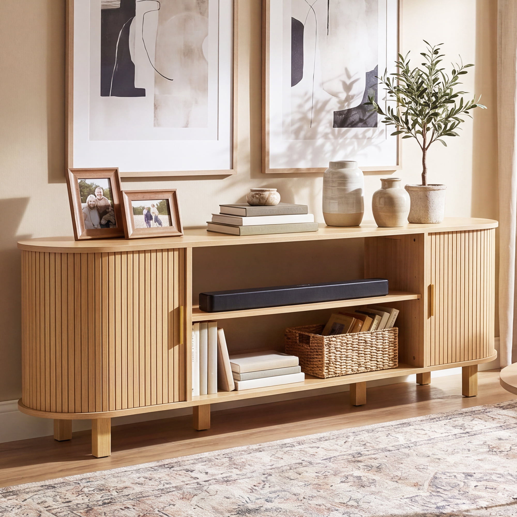 Uforic 70 Inch Mid-Century Modern TV Stand, Beige Wood Media Console with Fluted Rolling Doors, Adjustable Shelves & Cable Holes for Living Room Bedroom