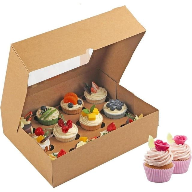 Cajas de 12 unidades, paquete de 10 recipientes para magdalenas, portador de magdalenas con ventana e insertos, soportes de transporte para magdalenas, galletas y postres (Marrón)